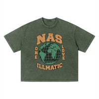 T-shirt hip-hop Nas Illmatic vert forêt, imprimé globe One Love orange sur le devant