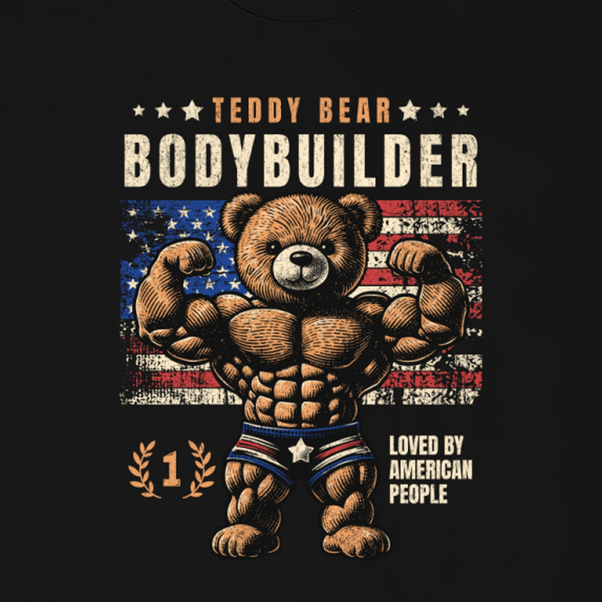Détail de l'imprimé ourson bodybuilder Teddy Bear sur le t-shirt humour musculation noir