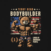 Détail de l'imprimé ourson bodybuilder Teddy Bear sur le t-shirt humour musculation noir