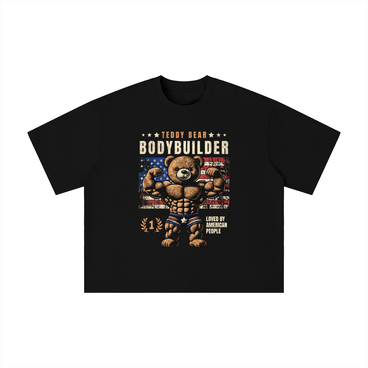 T-shirt humour musculation oversized original ourson bodybuilder noir, imprimé Teddy Bear Bodybuilder drapeau américain
