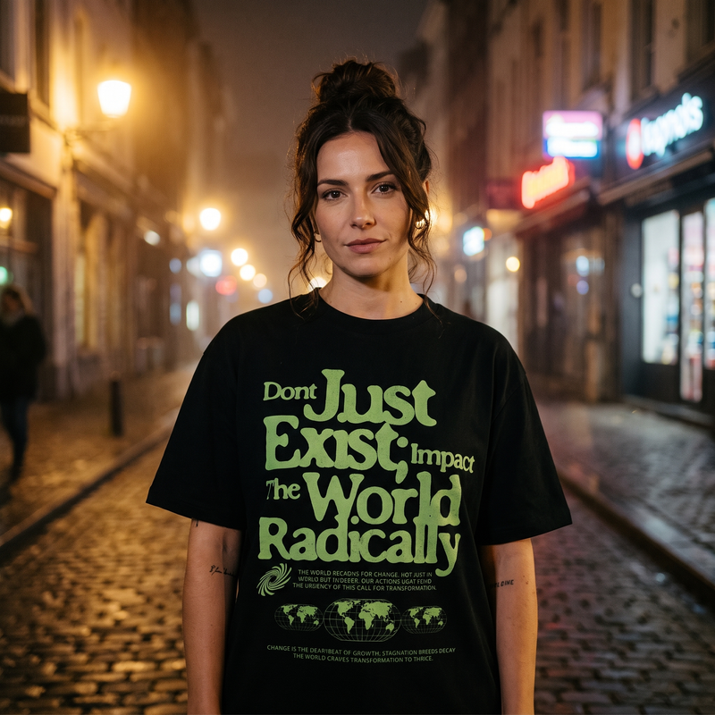 T-shirt oversized Impact The World Radically noir Sorona porté par une femme de nuit dans une rue pavée de Bruxelles