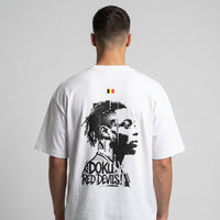 T-shirt oversized Jeremy Doku Diables Rouges blanc porté de dos, portrait floqué et drapeau belge