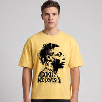 T-shirt oversized Jeremy Doku jaune citron porté, portrait Speed et lettrage Red Devils