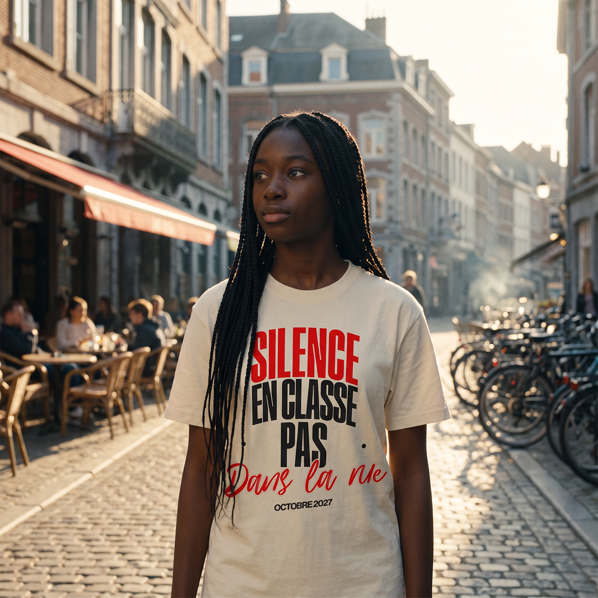 Lycéenne en t-shirt manif crème « Silence en classe, pas dans la rue » dans le quartier étudiant de Liège – tshirt genz pas cher CHT'M