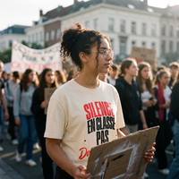 Lycéenne en t-shirt manif crème « Silence en classe, pas dans la rue » dans une marche pacifique de lycéens – t-shirt manif pas cher CHT'M