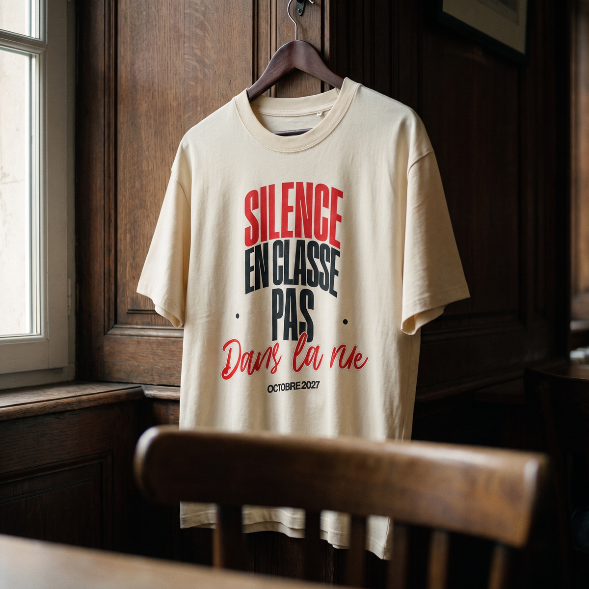 Gros plan du t-shirt manif crème « Silence en classe, pas dans la rue » sur cintre – CHT'M Boutique