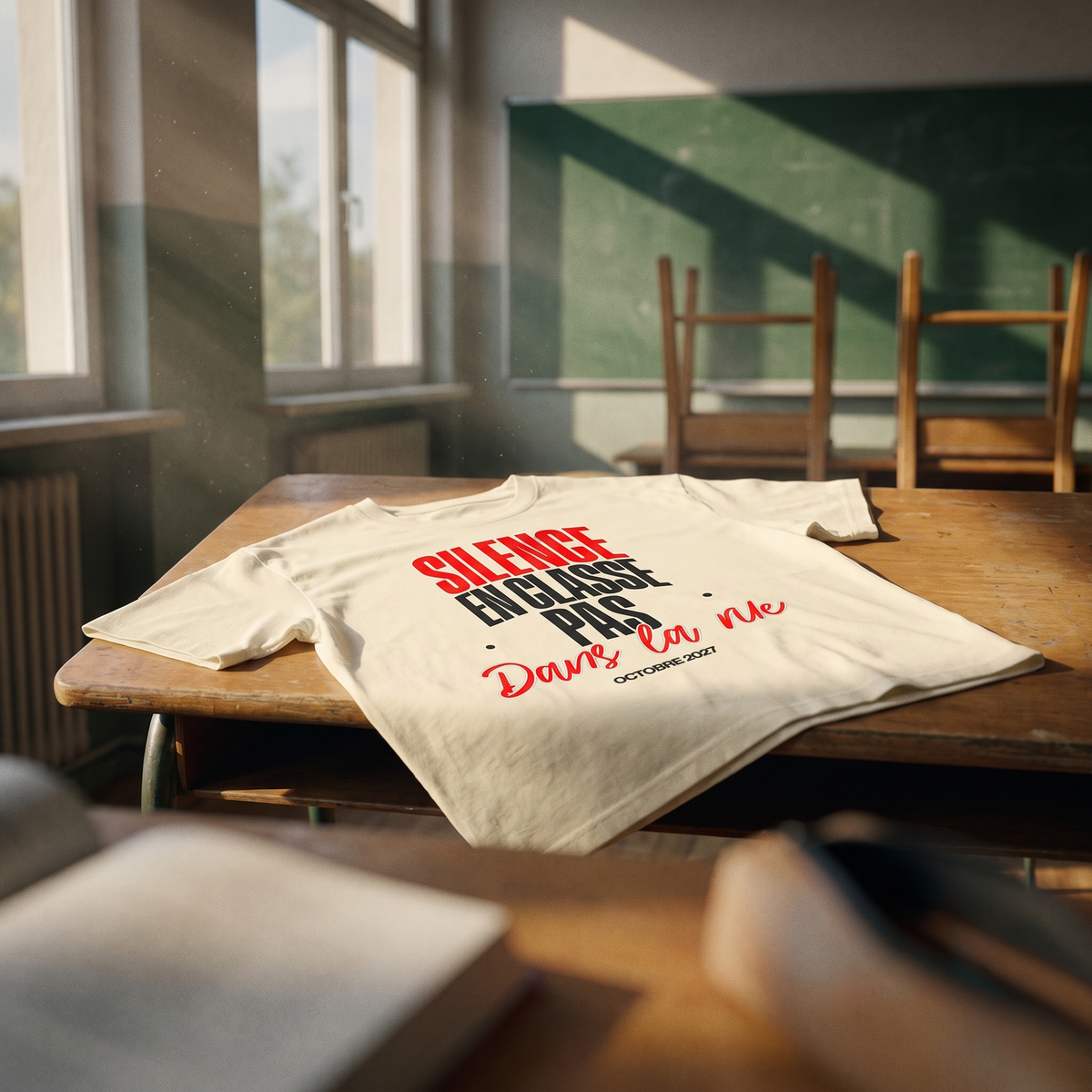T-shirt manif crème « Silence en classe, pas dans la rue » posé sur un pupitre dans une salle de classe – t-shirt manif pas cher CHT'M