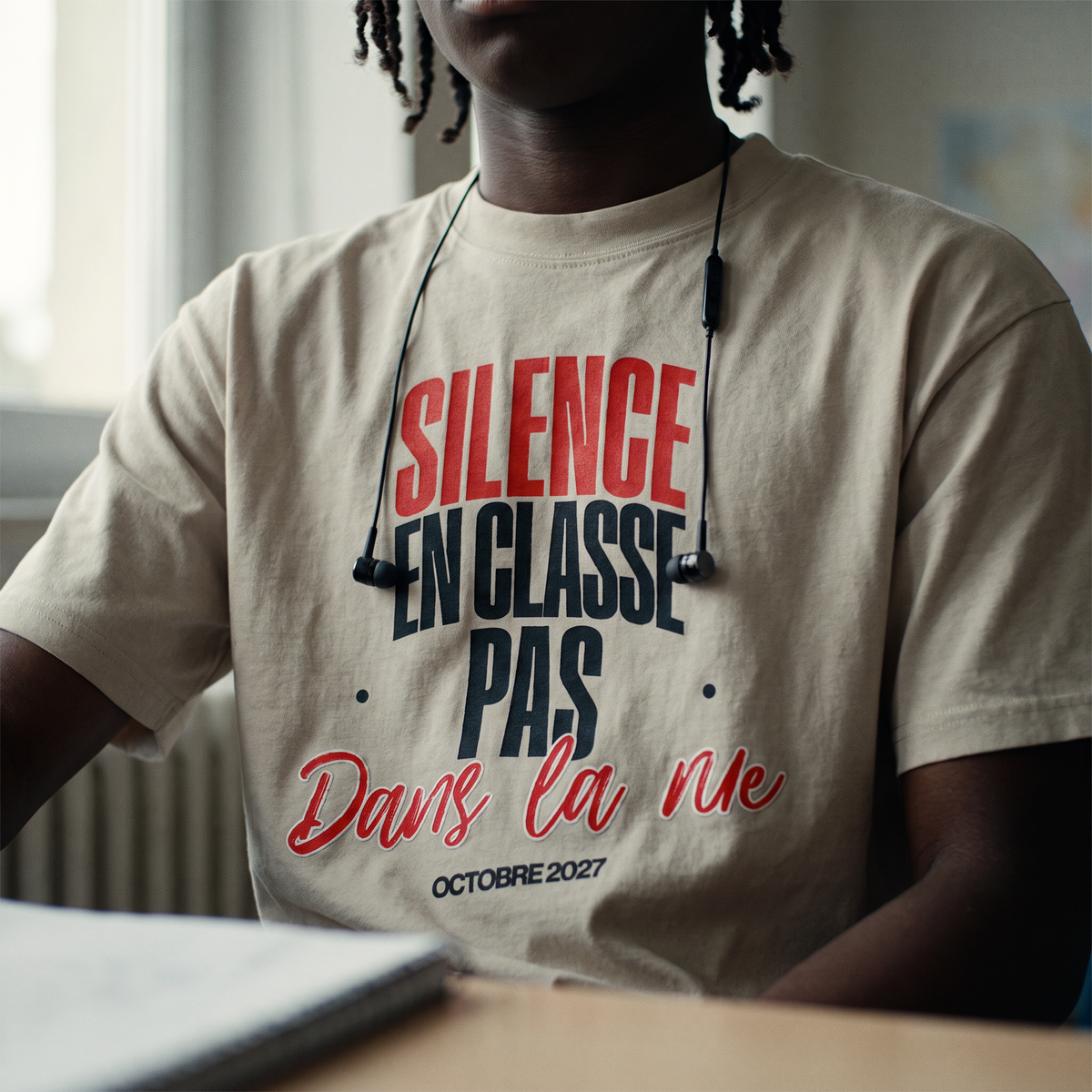 Gros plan du print « Silence en classe, pas dans la rue » rouge et noir sur t-shirt gris avoine porté – CHT'M Boutique