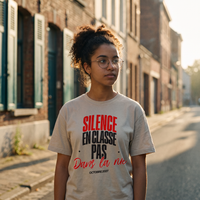 Lycéenne en t-shirt manif gris avoine « Silence en classe, pas dans la rue » dans une rue d'Anvers – tshirt genz pas cher CHT'M