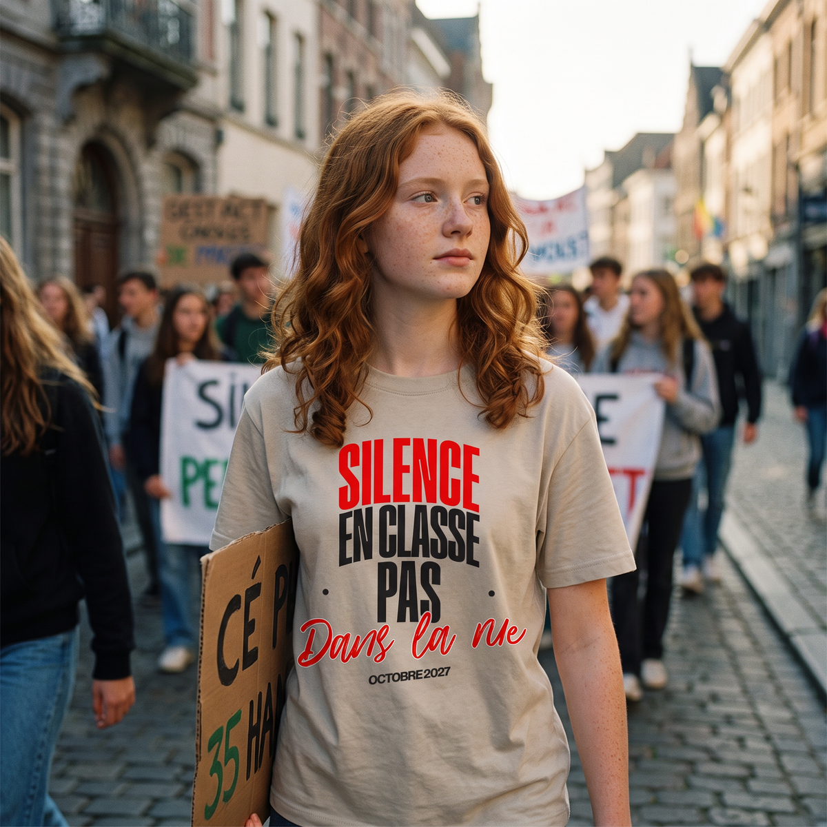 Lycéenne en t-shirt manif gris avoine « Silence en classe, pas dans la rue » dans une marche pacifique de lycéens – t-shirt manif pas cher CHT'M