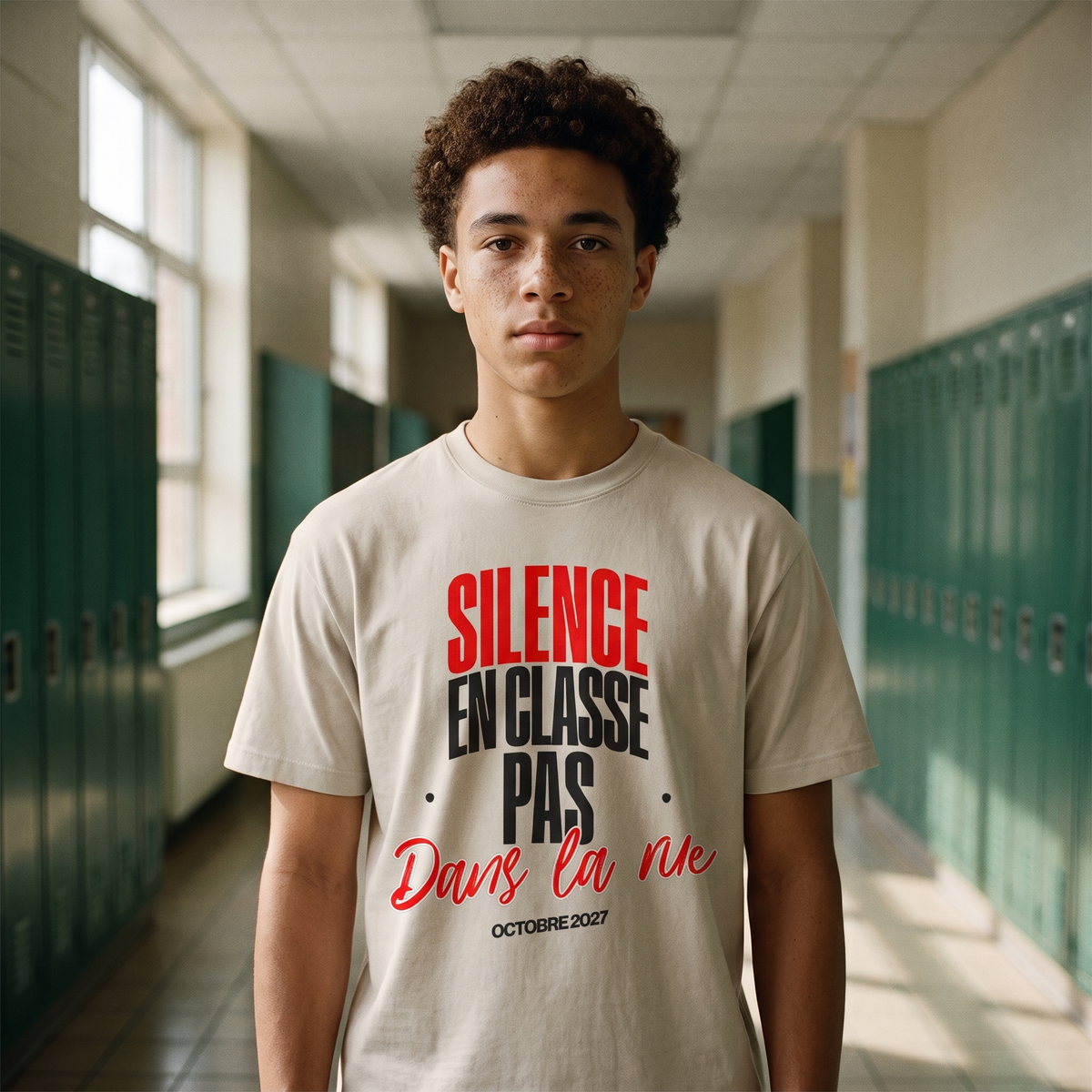 Lycéen portant le t-shirt manif gris avoine « Silence en classe, pas dans la rue » dans un couloir de lycée – tshirt genz pas cher CHT'M