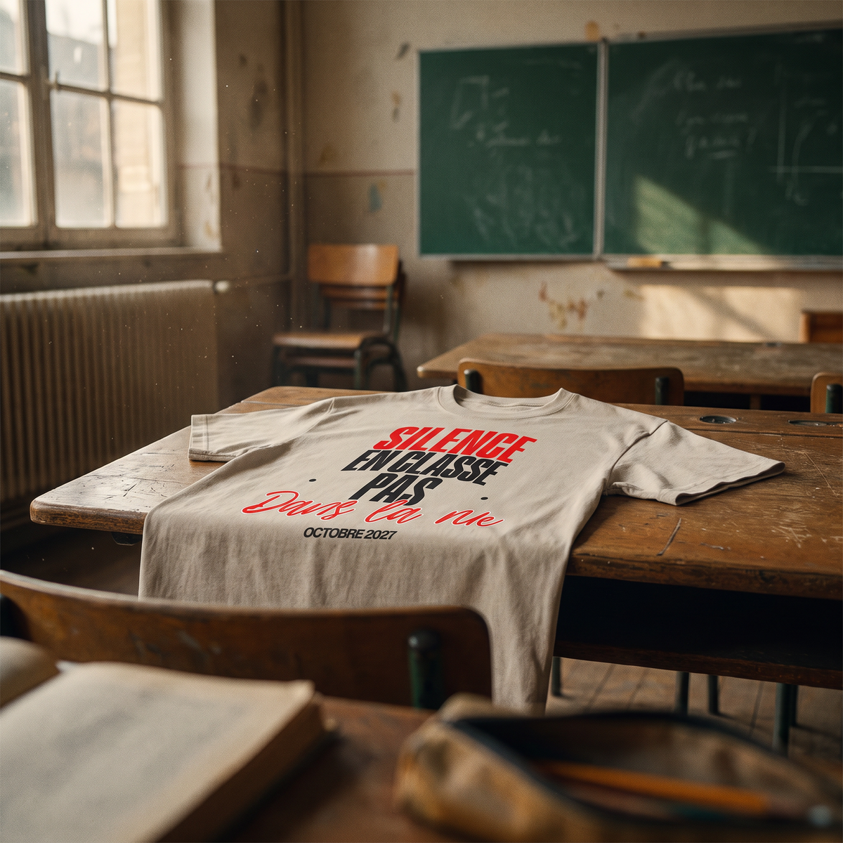T-shirt manif gris avoine « Silence en classe, pas dans la rue » posé sur un pupitre dans une salle de classe – t-shirt manif pas cher CHT'M