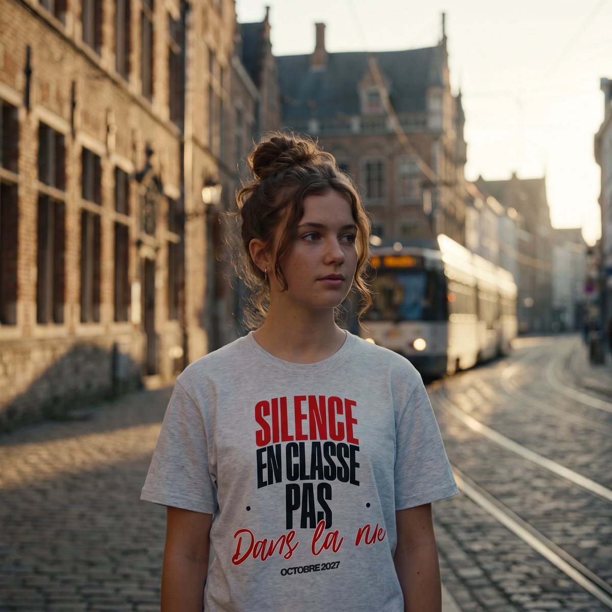 Lycéenne en t-shirt manif gris clair « Silence en classe, pas dans la rue » dans une rue de Bruxelles – tshirt genz pas cher CHT'M