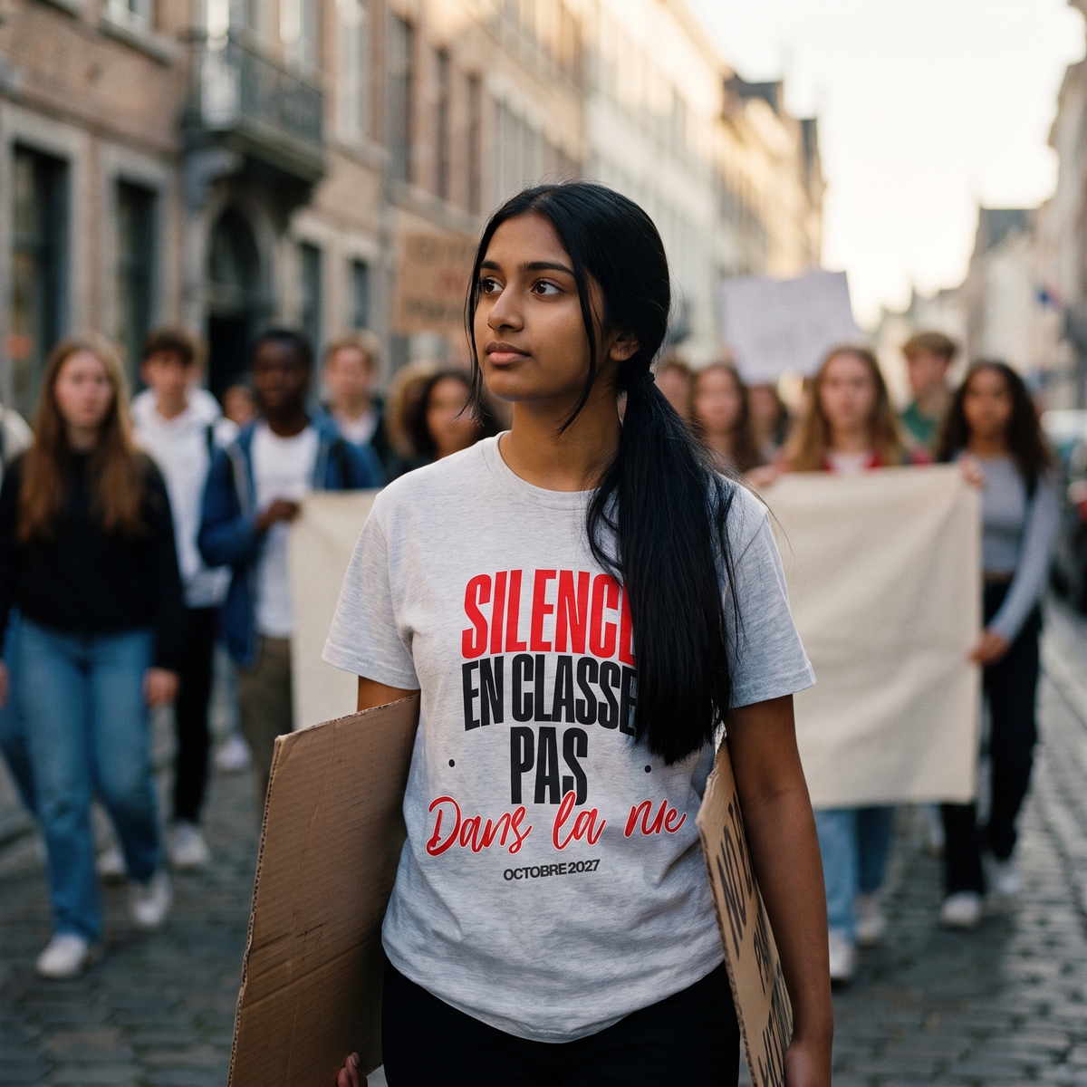 Lycéenne en t-shirt manif gris clair « Silence en classe, pas dans la rue » dans une marche pacifique de lycéens – t-shirt manif pas cher CHT'M