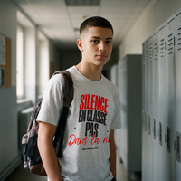 Lycéen portant le t-shirt manif gris clair « Silence en classe, pas dans la rue » dans un couloir de lycée – tshirt genz pas cher CHT'M