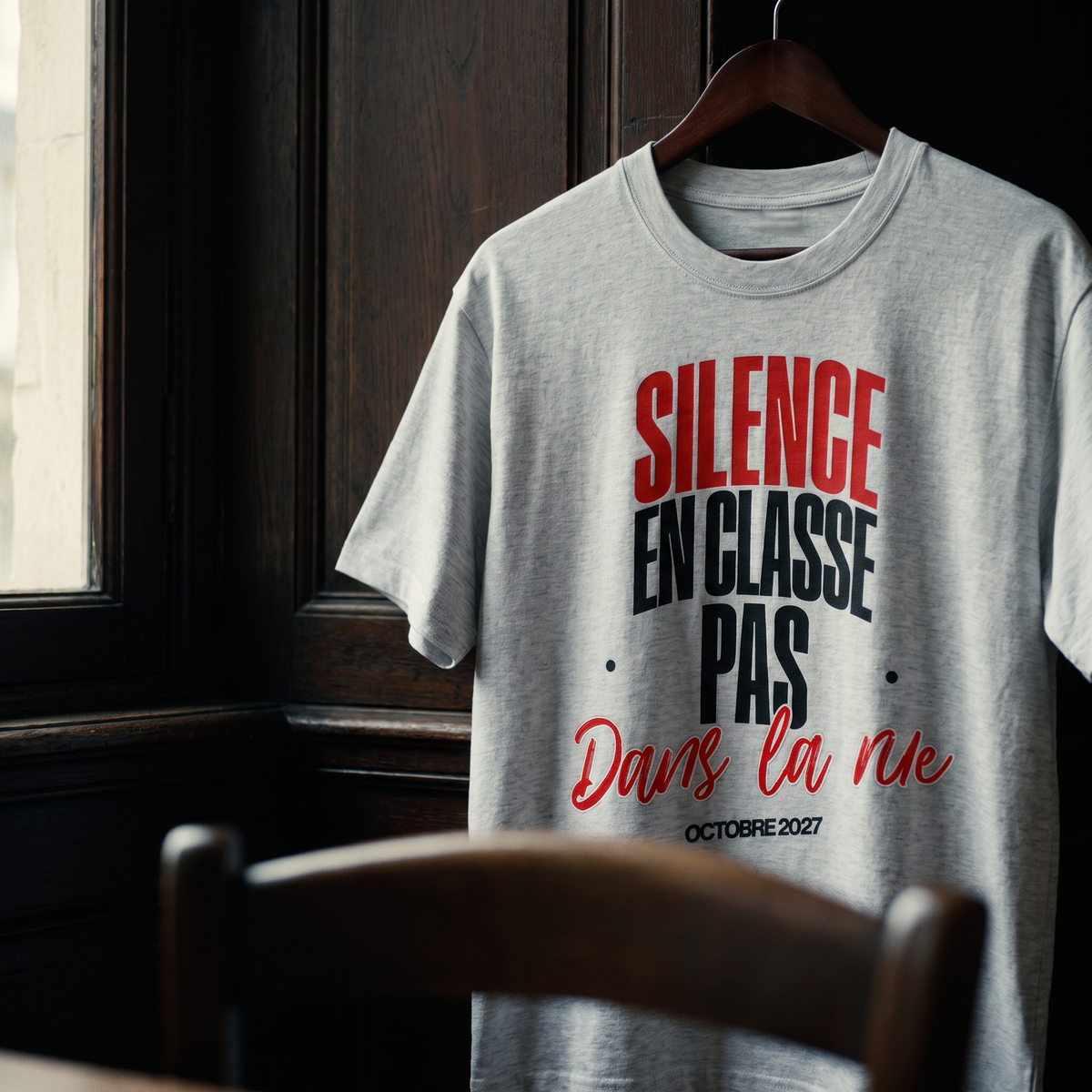 Gros plan du t-shirt manif gris clair « Silence en classe, pas dans la rue » sur cintre – CHT'M Boutique