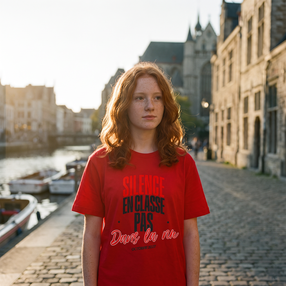 Lycéenne en t-shirt manif rouge « Silence en classe, pas dans la rue » au bord d'un canal à Gand – tshirt genz pas cher CHT'M