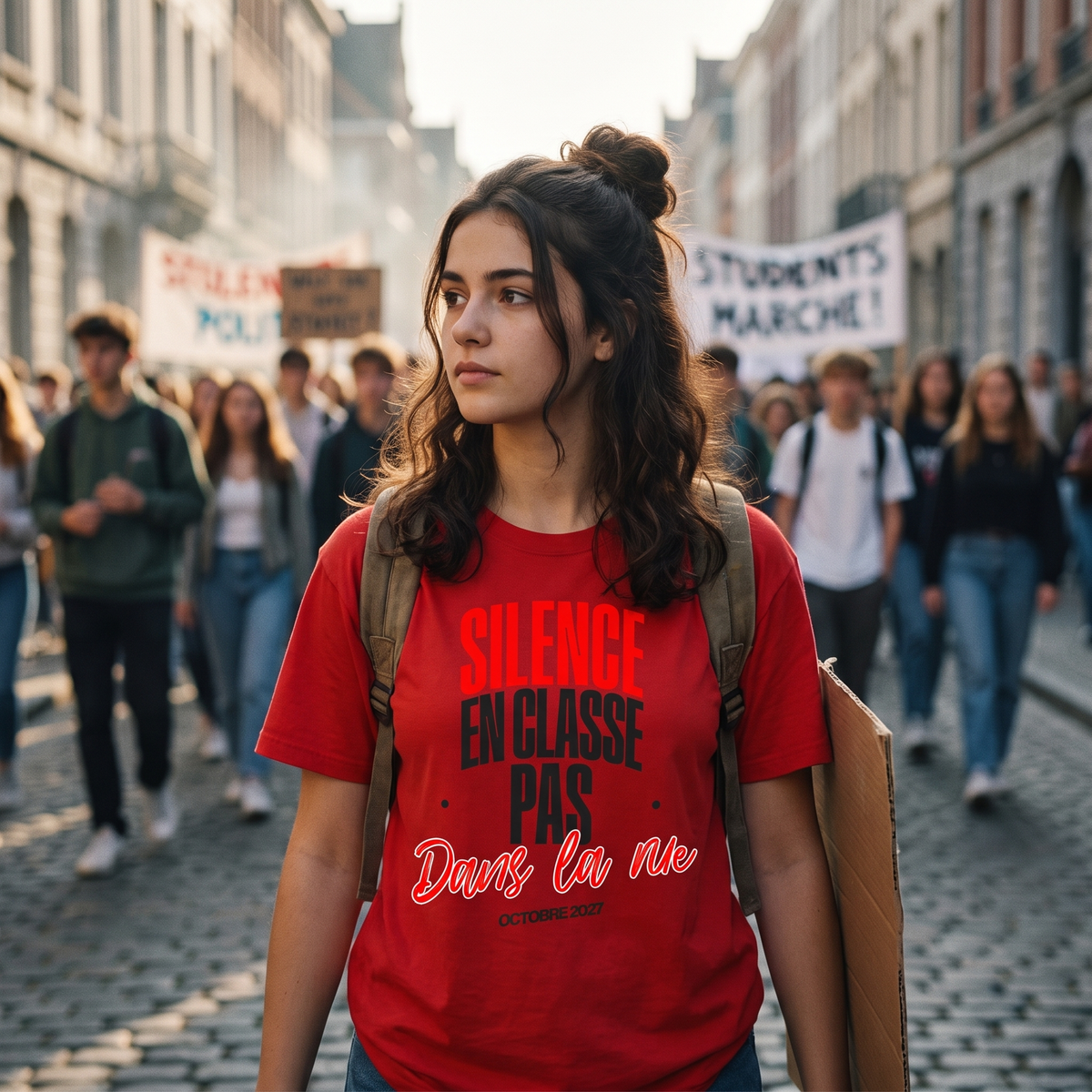Lycéenne en t-shirt manif rouge « Silence en classe, pas dans la rue » dans une marche pacifique de lycéens – t-shirt manif pas cher CHT'M
