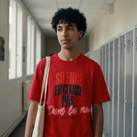 Lycéen portant le t-shirt manif rouge « Silence en classe, pas dans la rue » dans un couloir de lycée – tshirt genz pas cher CHT'M