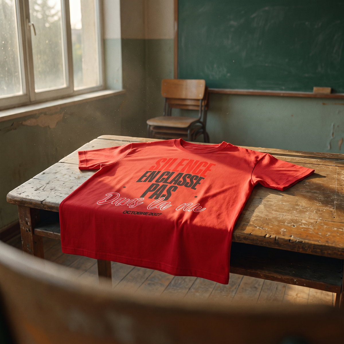 T-shirt manif rouge « Silence en classe, pas dans la rue » posé sur un pupitre dans une salle de classe – t-shirt manif pas cher CHT'M