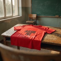 T-shirt manif rouge « Silence en classe, pas dans la rue » posé sur un pupitre dans une salle de classe – t-shirt manif pas cher CHT'M