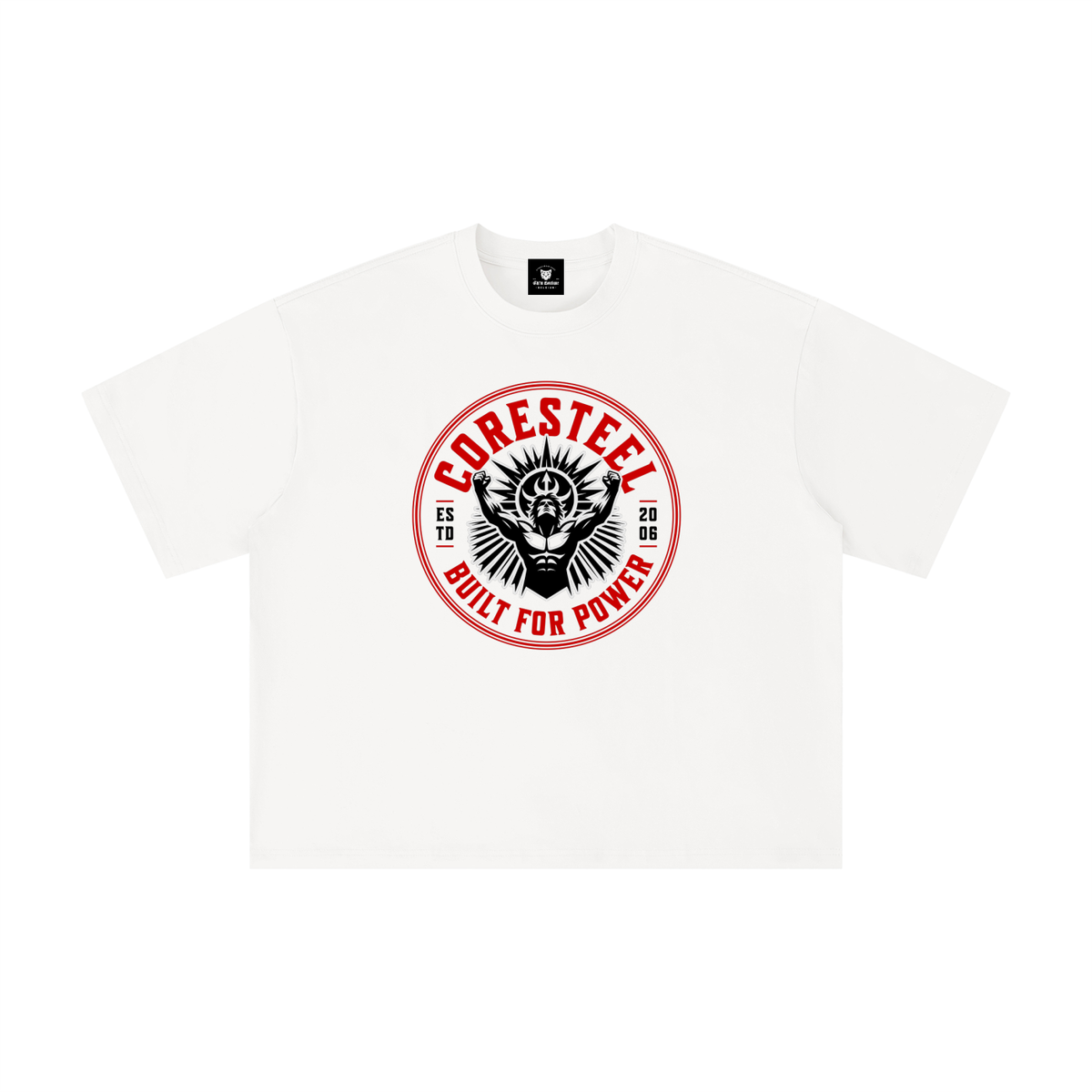 T-shirt musculation oversized original Coresteel blanc, badge rouge et noir Built for Power vue de face