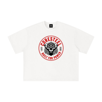 T-shirt musculation oversized original Coresteel blanc, badge rouge et noir Built for Power vue de face