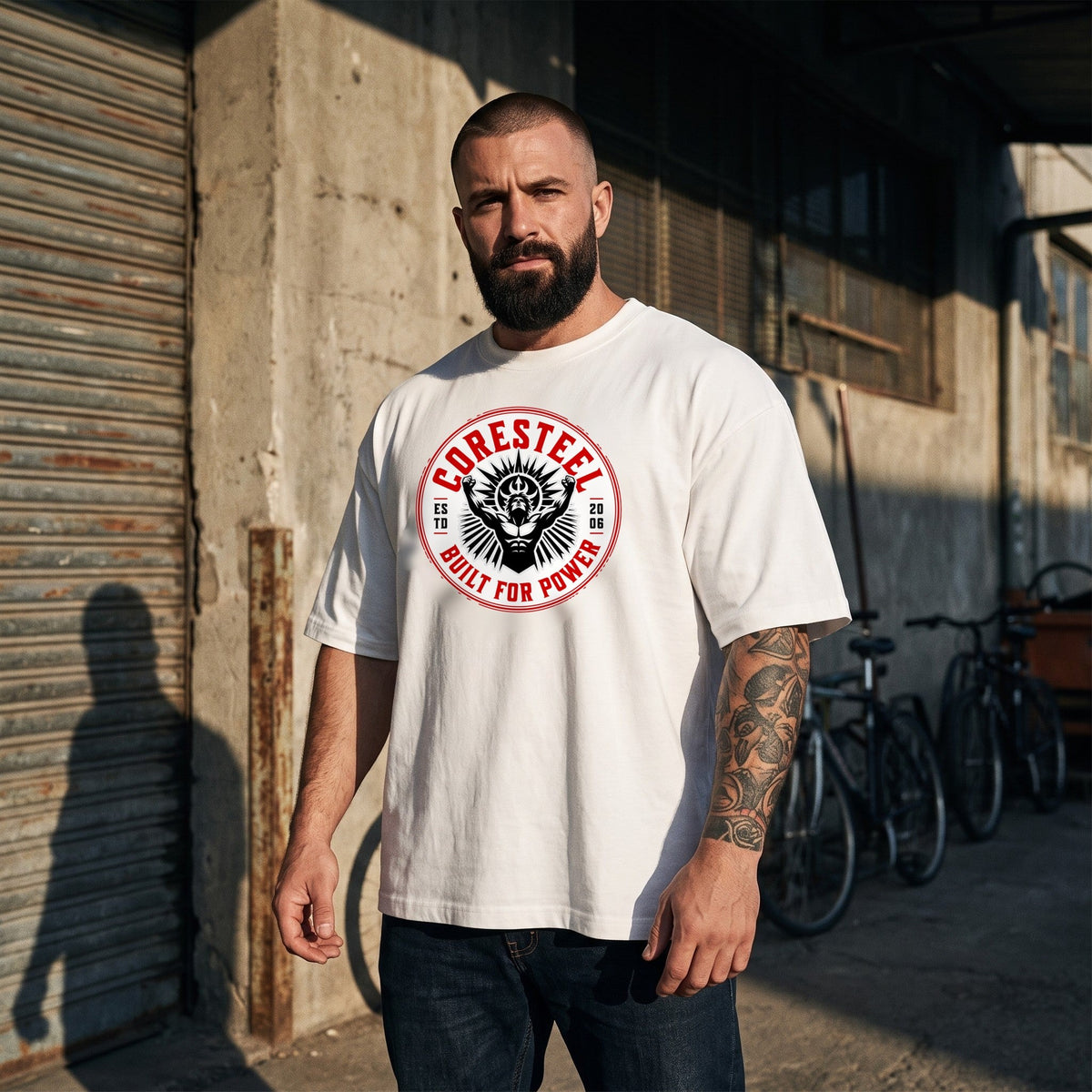 Homme portant le t-shirt musculation oversized Coresteel blanc devant une salle de sport, streetwear belge CHT'M