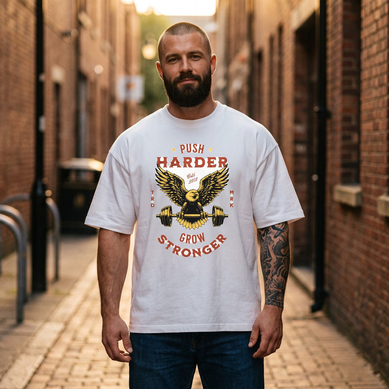 Homme portant le t-shirt oversized original aigle musculation vintage blanc dans une ruelle, streetwear belge CHT'M