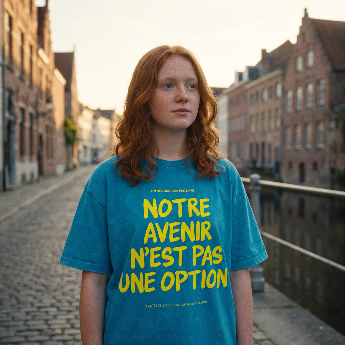 Lycéenne en t-shirt oversized délavé Gen Z bleu lagon « Notre avenir n'est pas une option » au bord d'un canal à Gand – tshirt genz pas cher CHT'M