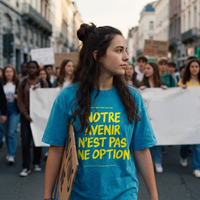 Lycéenne en t-shirt oversized délavé Gen Z bleu lagon « Notre avenir n'est pas une option » dans une marche pacifique de lycéens – t-shirt manif pas cher CHT'M