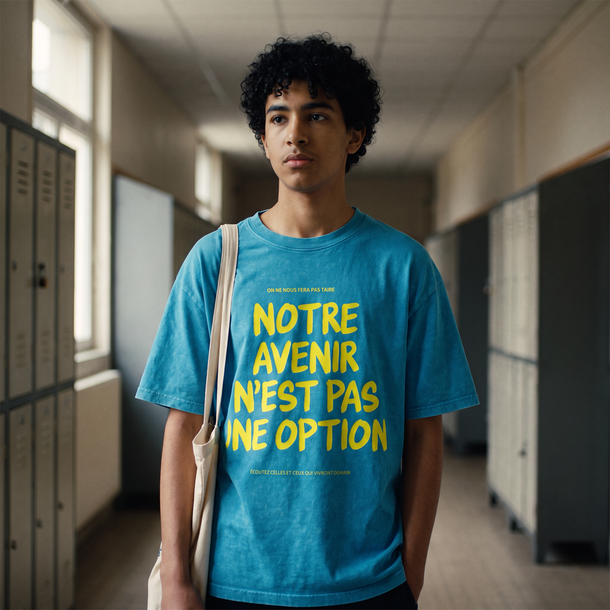 Lycéen portant le t-shirt oversized délavé Gen Z bleu lagon « Notre avenir n'est pas une option » dans un couloir de lycée – t-shirt manif pas cher CHT'M