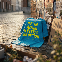 T-shirt oversized délavé Gen Z bleu lagon « Notre avenir n'est pas une option » posé sur les pavés après une marche – tshirt genz pas cher CHT'M