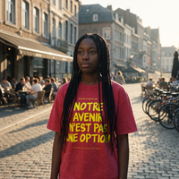 Lycéenne en t-shirt oversized délavé Gen Z rouge foncé « Notre avenir n'est pas une option » dans le quartier étudiant de Liège – tshirt genz pas cher CHT'M