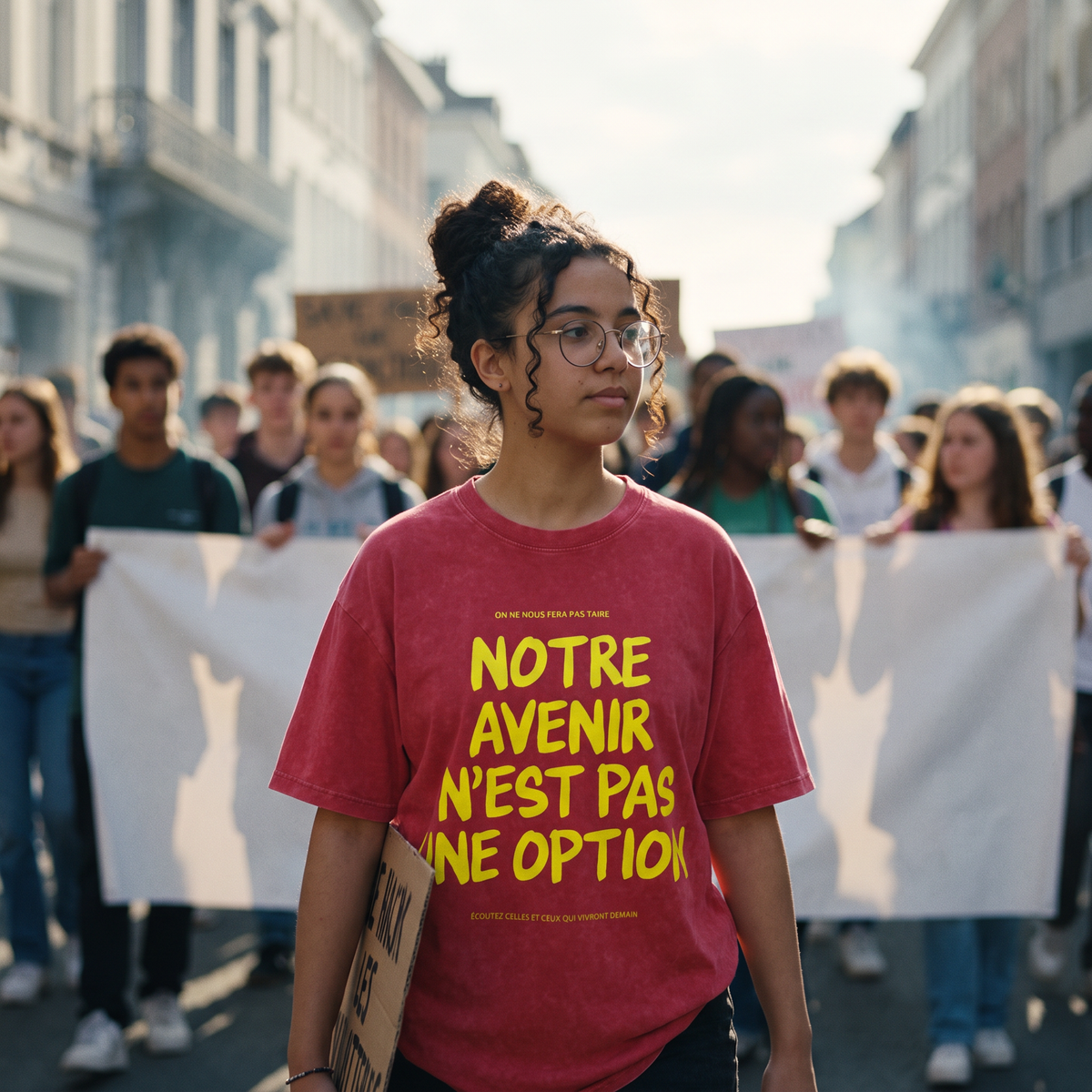 Lycéenne en t-shirt oversized délavé Gen Z rouge foncé « Notre avenir n'est pas une option » dans une marche pacifique de lycéens – t-shirt manif pas cher CHT'M