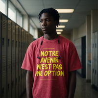 Lycéen portant le t-shirt oversized délavé Gen Z rouge foncé « Notre avenir n'est pas une option » dans un couloir de lycée – t-shirt manif pas cher CHT'M