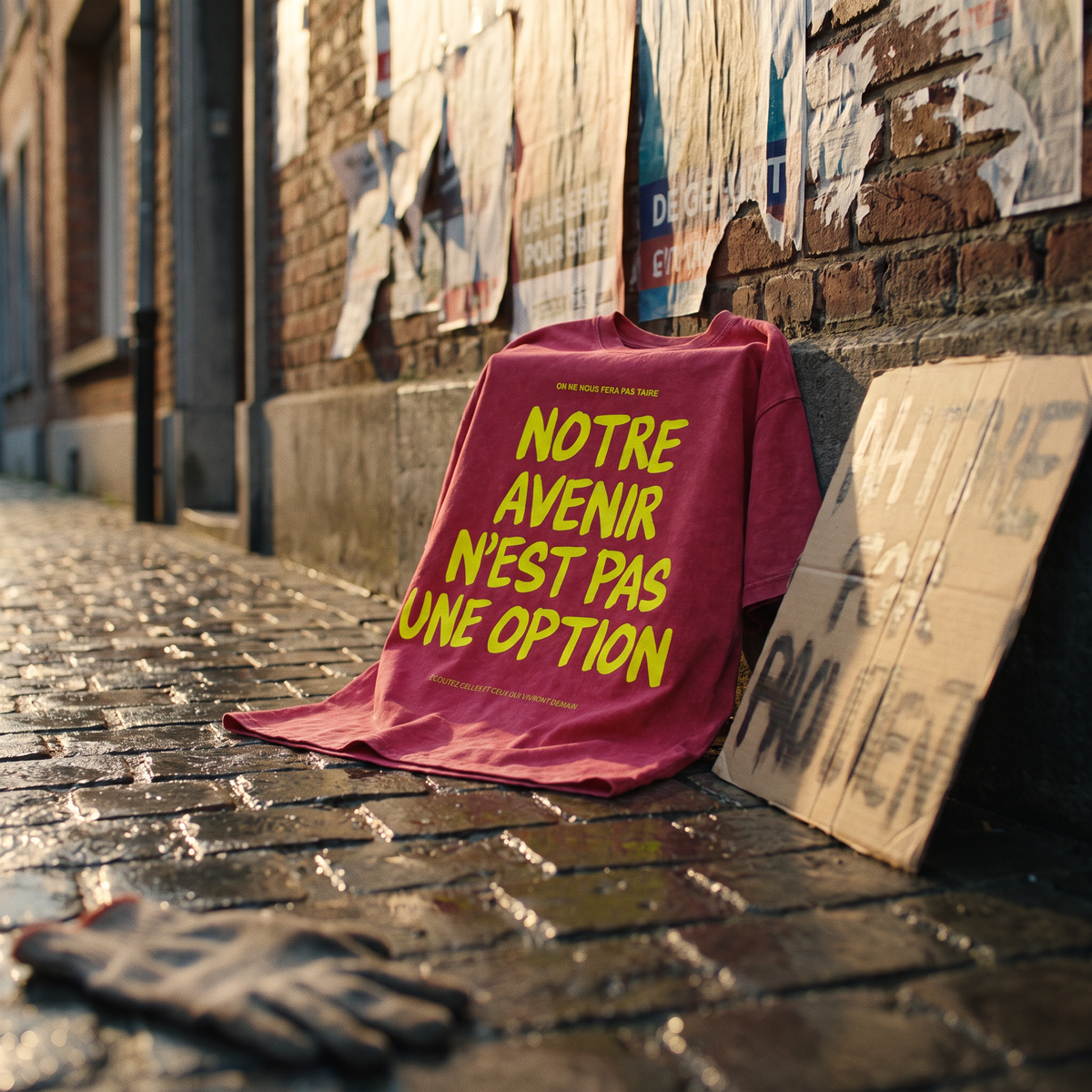 T-shirt oversized délavé Gen Z rouge foncé « Notre avenir n'est pas une option » posé sur les pavés après une marche – tshirt genz pas cher CHT'M