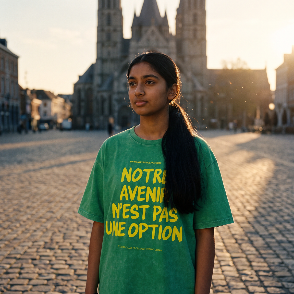 Lycéenne en t-shirt oversized délavé Gen Z vert prairie « Notre avenir n'est pas une option » sur la Grand-Place de Tournai – tshirt genz pas cher CHT'M