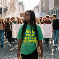 Lycéenne en t-shirt oversized délavé Gen Z vert prairie « Notre avenir n'est pas une option » dans une marche pacifique de lycéens – t-shirt manif pas cher CHT'M