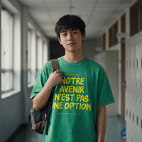Lycéen portant le t-shirt oversized délavé Gen Z vert prairie « Notre avenir n'est pas une option » dans un couloir de lycée – t-shirt manif pas cher CHT'M