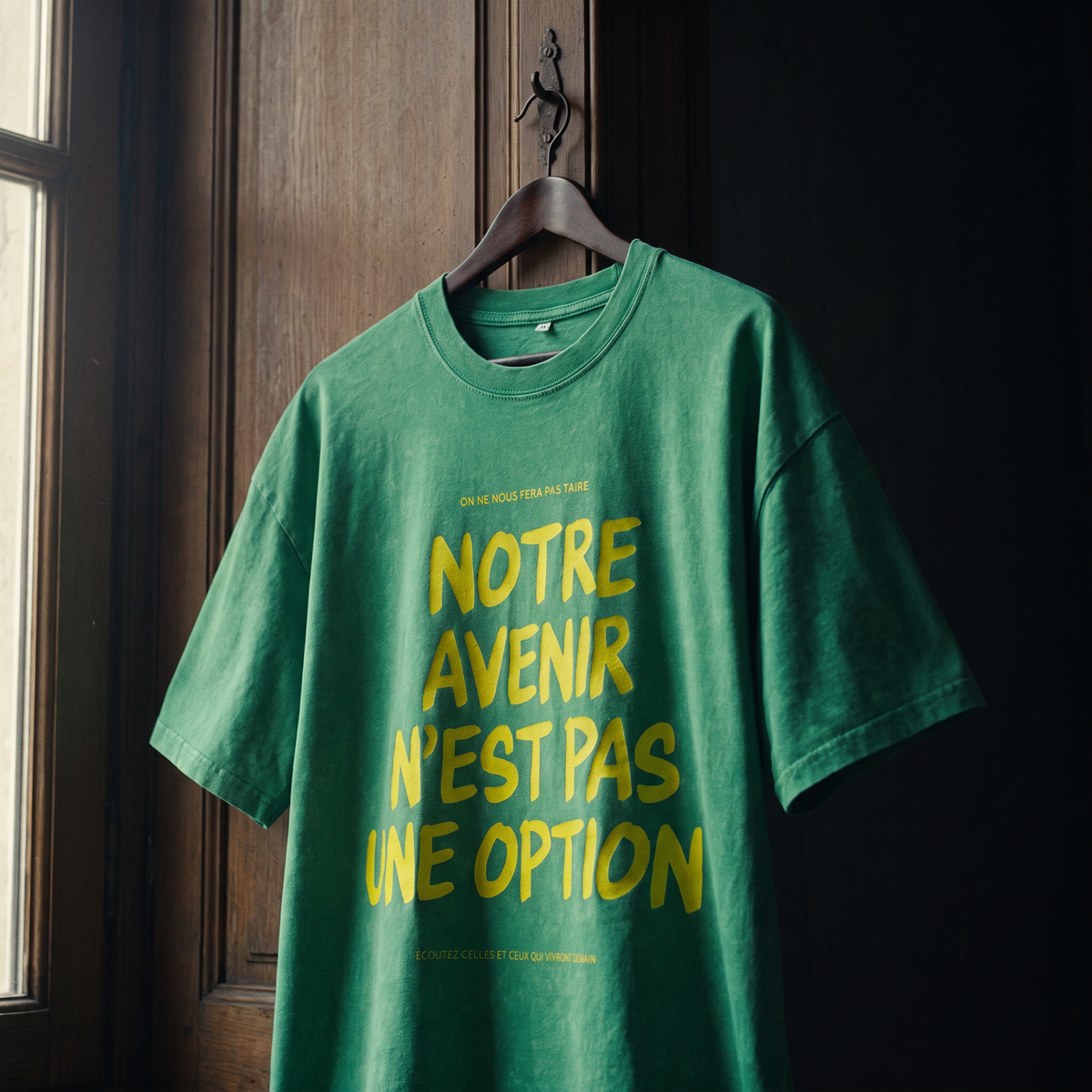 T-shirt oversized délavé Gen Z vert prairie « Notre avenir n'est pas une option », slogan jaune fluo, sur cintre en bois – t-shirt manif original CHT'M