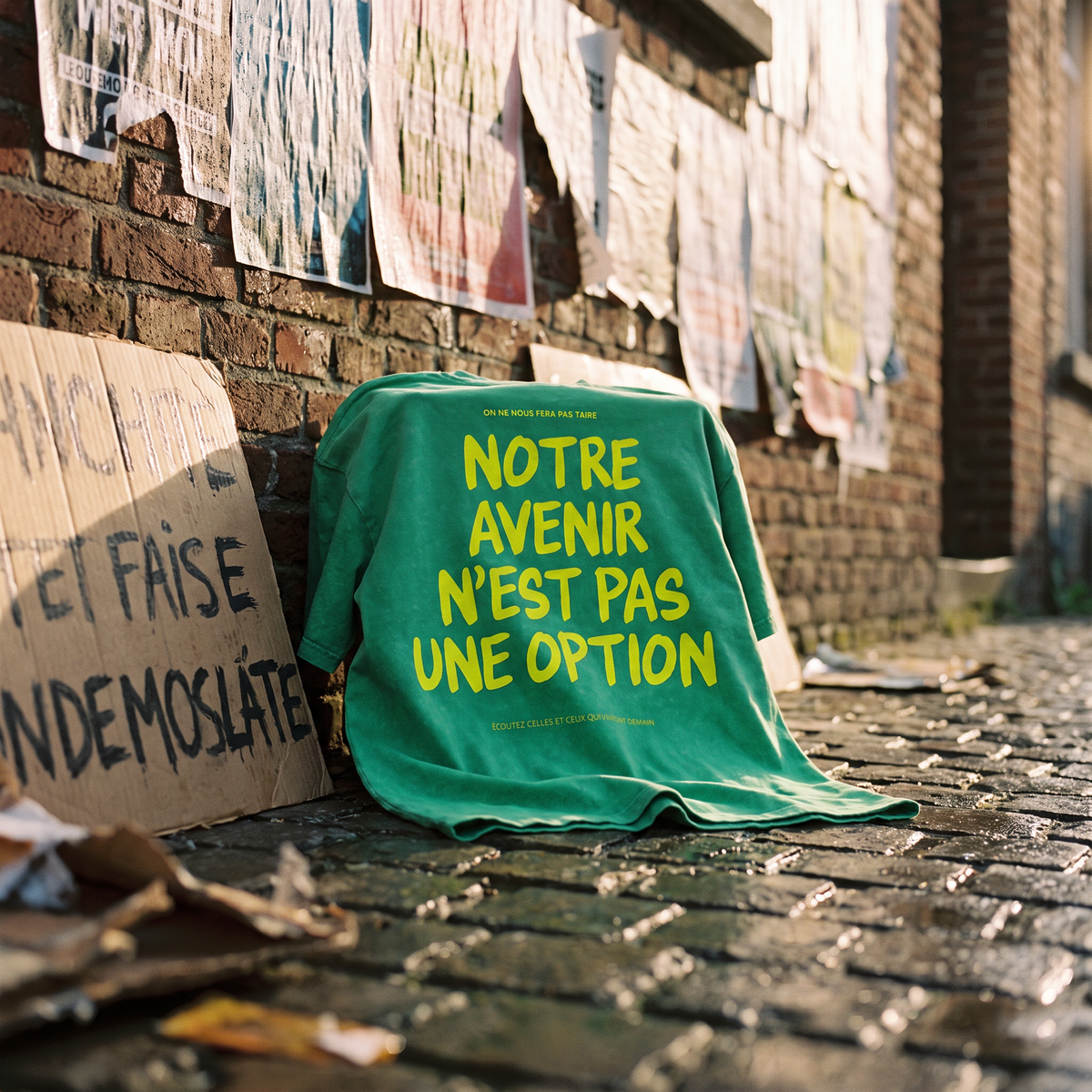 T-shirt oversized délavé Gen Z vert prairie « Notre avenir n'est pas une option » posé sur les pavés après une marche – tshirt genz pas cher CHT'M
