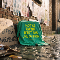 T-shirt oversized délavé Gen Z vert prairie « Notre avenir n'est pas une option » posé sur les pavés après une marche – tshirt genz pas cher CHT'M