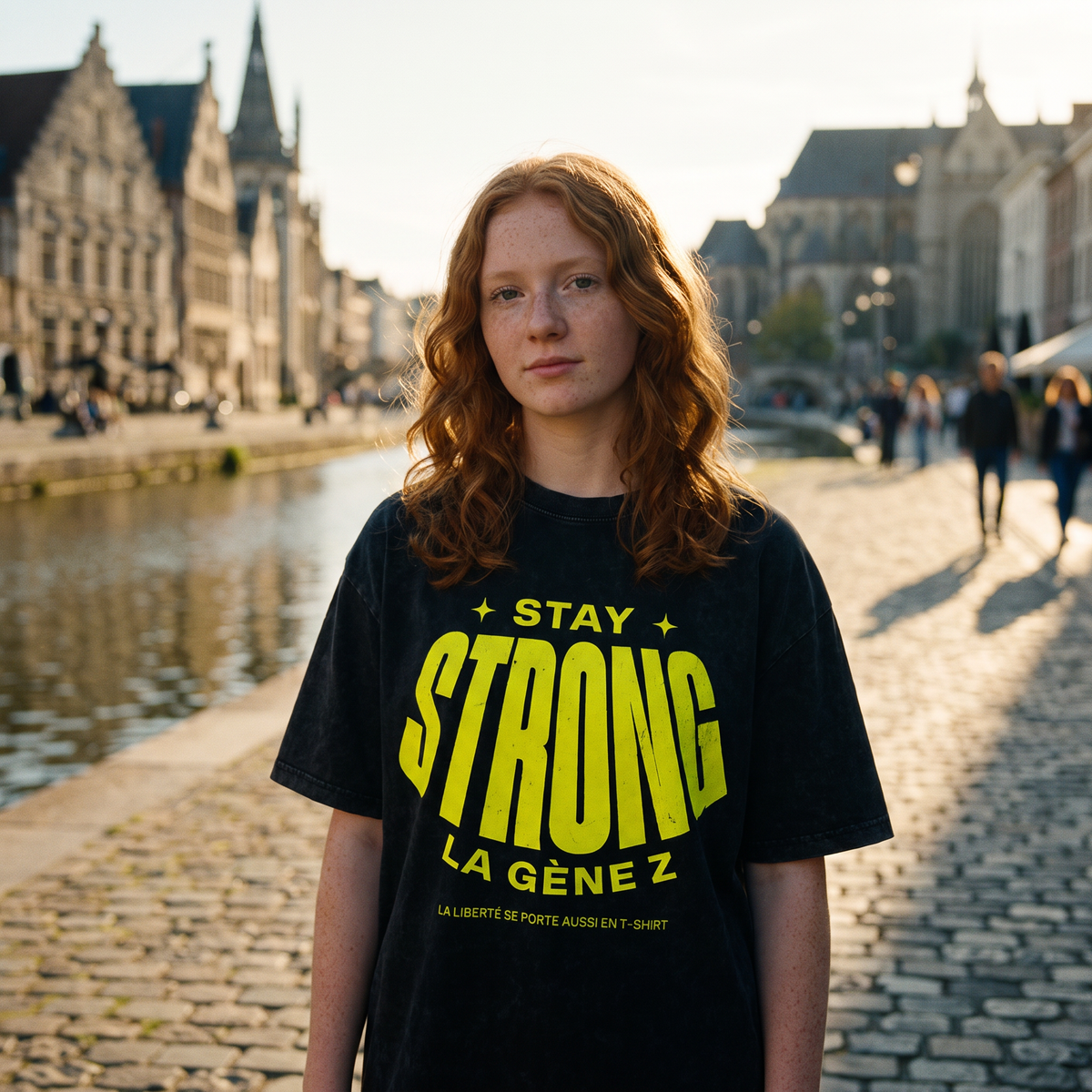 Lycéenne en t-shirt oversized délavé Gen Z noir « Stay Strong la Gène Z » au bord d'un canal à Gand – tshirt genz pas cher CHT'M
