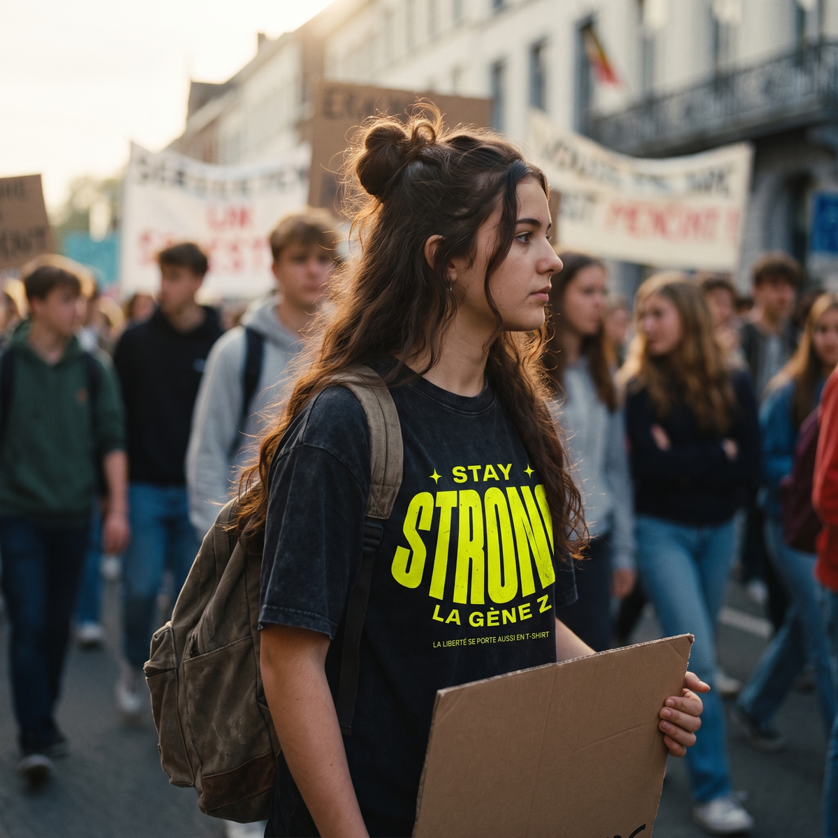 Lycéenne en t-shirt oversized délavé Gen Z noir « Stay Strong la Gène Z » dans une marche pacifique de lycéens – t-shirt manif pas cher CHT'M