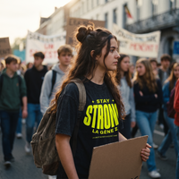 Lycéenne en t-shirt oversized délavé Gen Z noir « Stay Strong la Gène Z » dans une marche pacifique de lycéens – t-shirt manif pas cher CHT'M