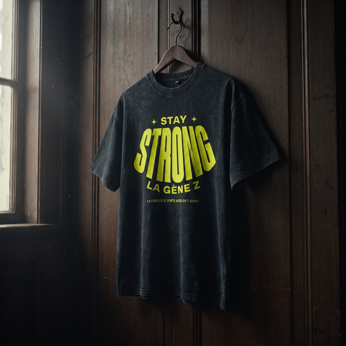 T-shirt oversized délavé Gen Z noir « Stay Strong la Gène Z » jaune fluo sur cintre en bois – t-shirt manif original CHT'M
