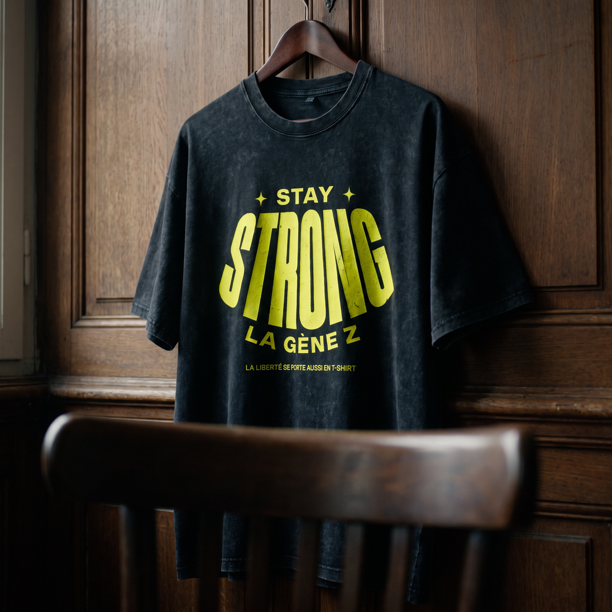 Gros plan du t-shirt oversized délavé Gen Z noir « Stay Strong la Gène Z » sur cintre – CHT'M Boutique