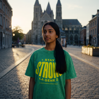 Lycéenne en t-shirt oversized délavé Gen Z vert prairie « Stay Strong la Gène Z » devant la cathédrale de Tournai – tshirt genz pas cher CHT'M