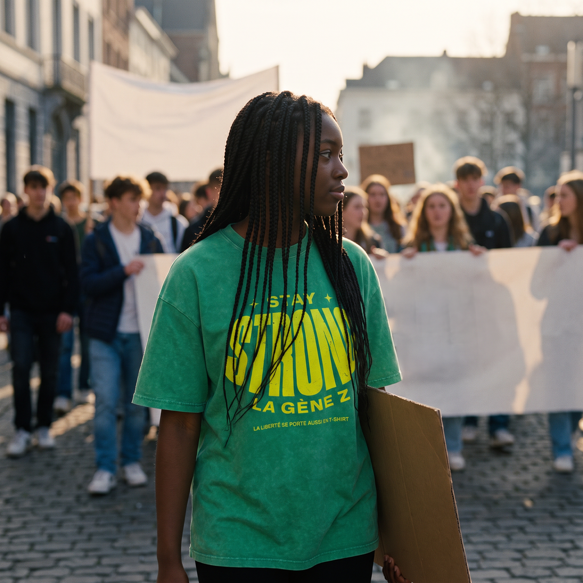 Lycéenne en t-shirt oversized délavé Gen Z vert prairie « Stay Strong la Gène Z » dans une marche pacifique de lycéens – t-shirt manif pas cher CHT'M
